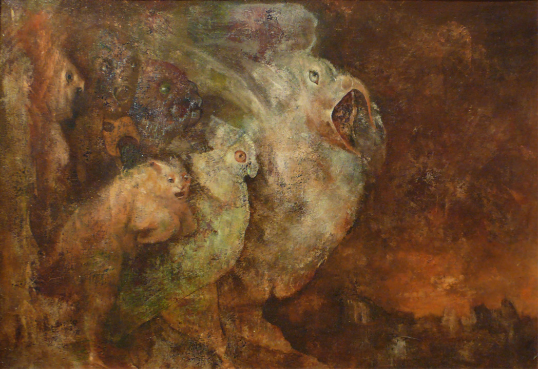 A dark painting of several creatures, mostly bird-like, with their beaks and mouths ajar. The colors are red and burnt umber. The sky is fiery.