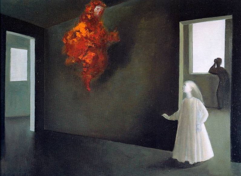 A young girl with white skin, hair, and robe is approached by a floating red being in a sterile gray room. In the background, a figure stands at a window, perhaps watching th world through a telescope.