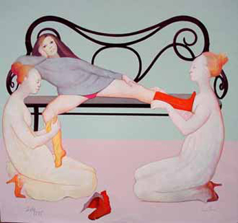 A painting of a woman on a bench wearing one sock and one boot, her other boot on the floor below her. Her legs are being held open by two red-haired lady servants. She appears bored, and the servants are expressionless.